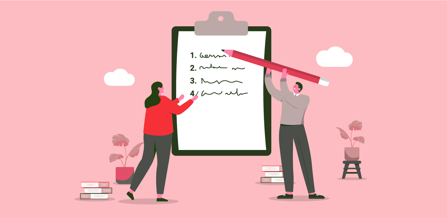 ボードに記入している男女のイラスト